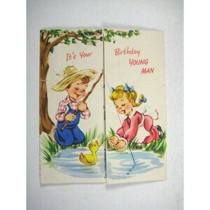 Vintage 1950s Birthday Card For Young Boy With Fishing Scene